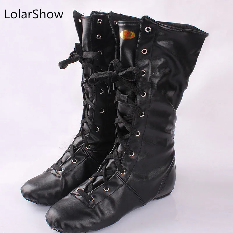 Adult black unisex cow leather two sole dancing shoes for women long upper children jazz boots men dance sneakers | Спорт и