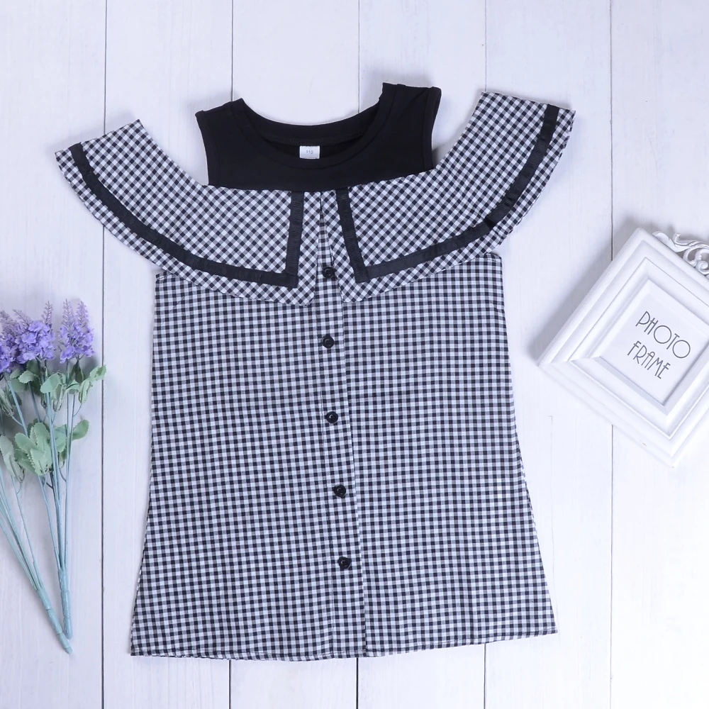 

Kids Girls Clothes Plaid Sleeveless Shoulderless Botton Dresses Vogue Children Girls Toddler