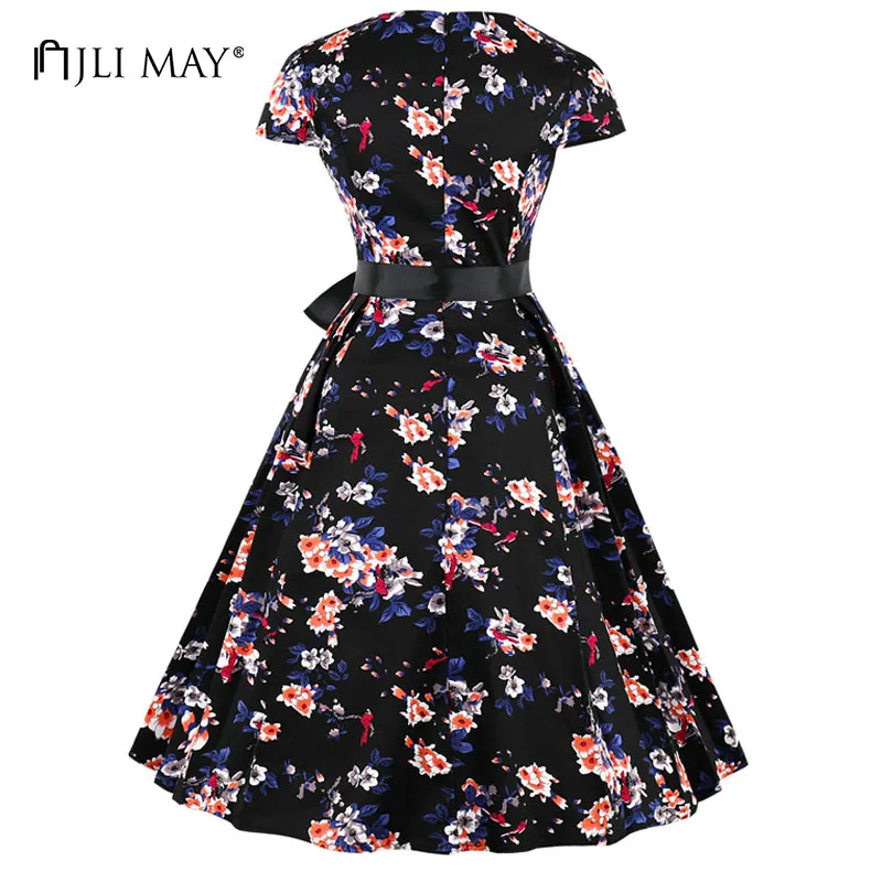 JLI MAY Vintage summer party dress women 50s floral hepburn belted square collar midi short sleeve woman clothes elegant dresses | Женская