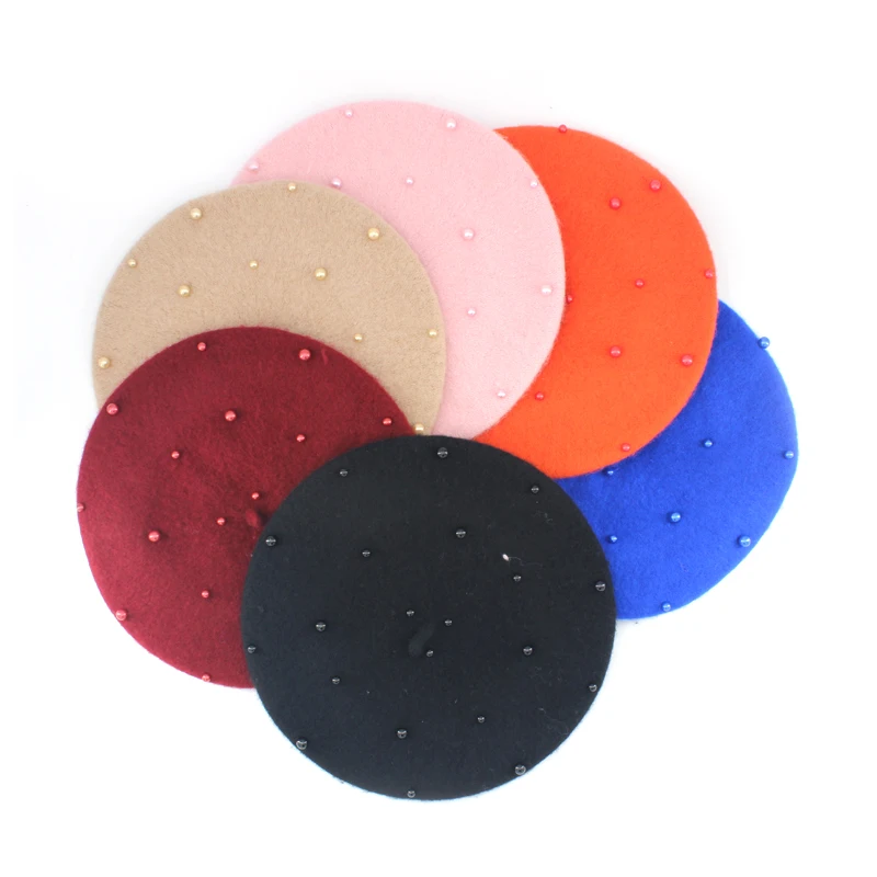 Fashion Wool Kids Hat with Pearls Candy Color Retro Baby Girl Cap Kids Beret Hats for Girls 2-6 Years 1PC