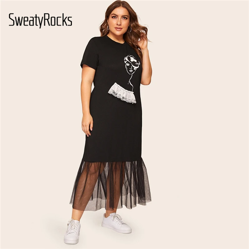 SweatyRocks плюс контрастная сетка рисунок платье женские футболки Платья повседневное Заниженная Талия женское летнее длинное платье