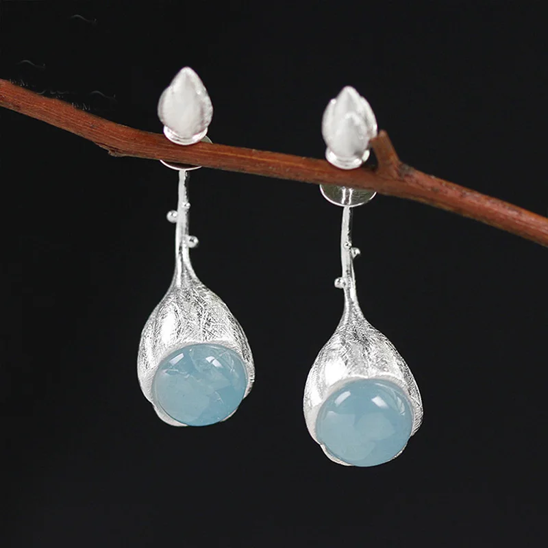 Silver Blue Stone Lotus Fun реальные 925 серебро Природный камень ручной работы дизайнера Красивые ювелирные изделия Элегантный Лотос почки Длинные Висячие серьги для Для женщин - Цвет камня: Silver Blue Stone