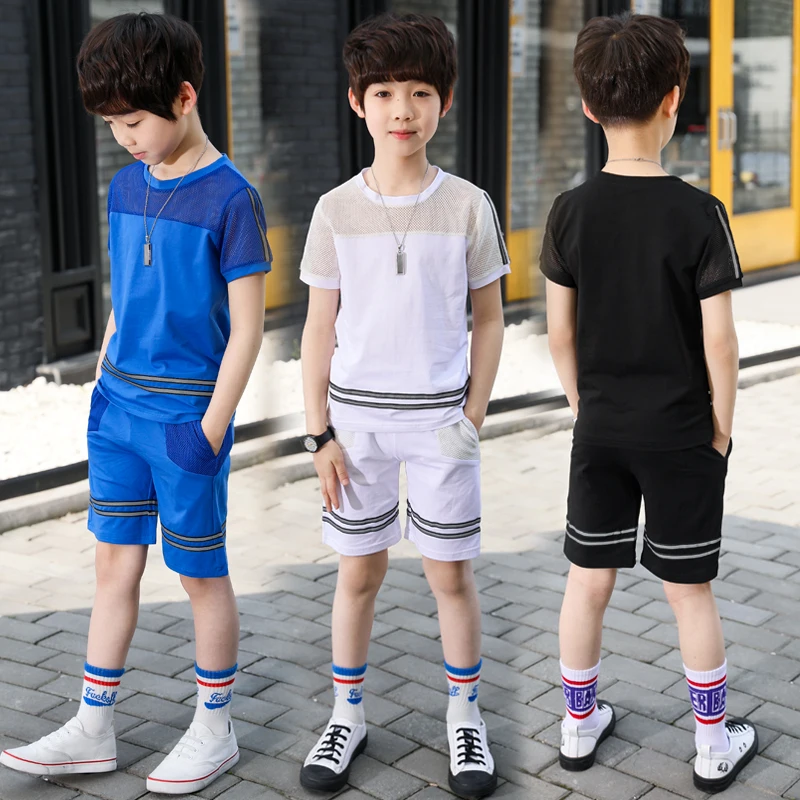 

2021 Summer Boys Fashion Sports Clothing Set Male Kids Hollowed Gauze Spliced Short Sleeve Suit Children's Striped Twinset X368