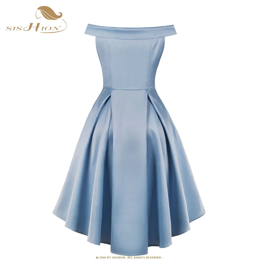 

SISHION Women Sexy Party Dress 1771 Sleeveless Slash Neck Navy Blue Light Blue Satin Formal Elegant Dress