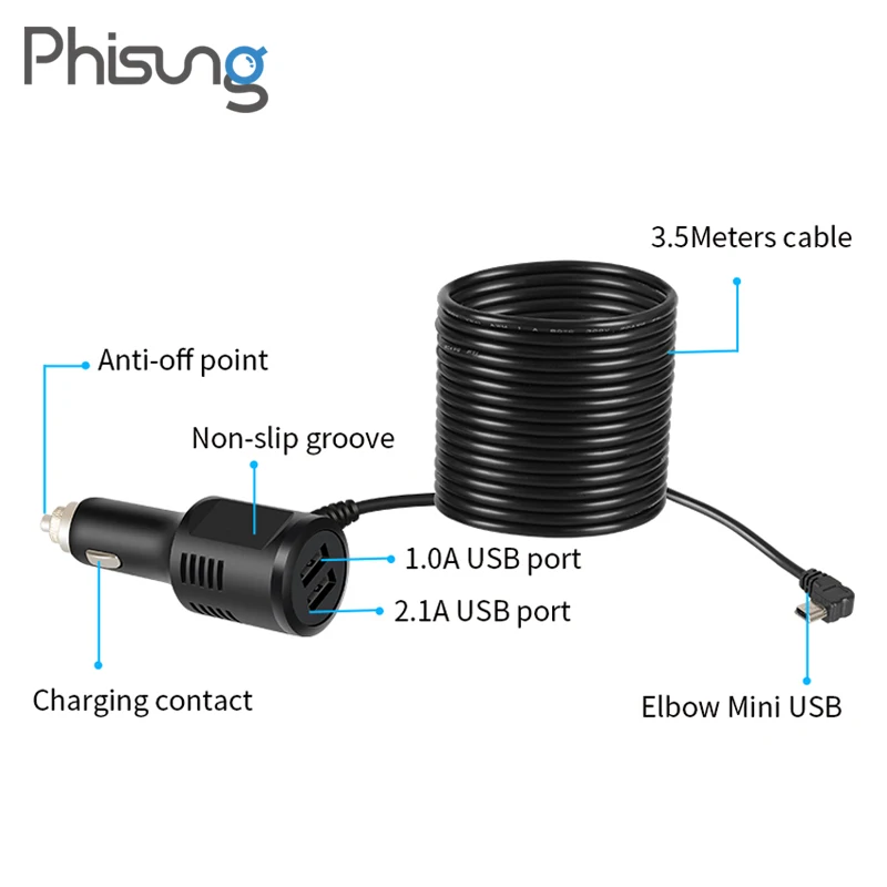 

Dual mini USB port mirror DVR car charger 12-36V power supply with 3.5m cable for the car video recorder