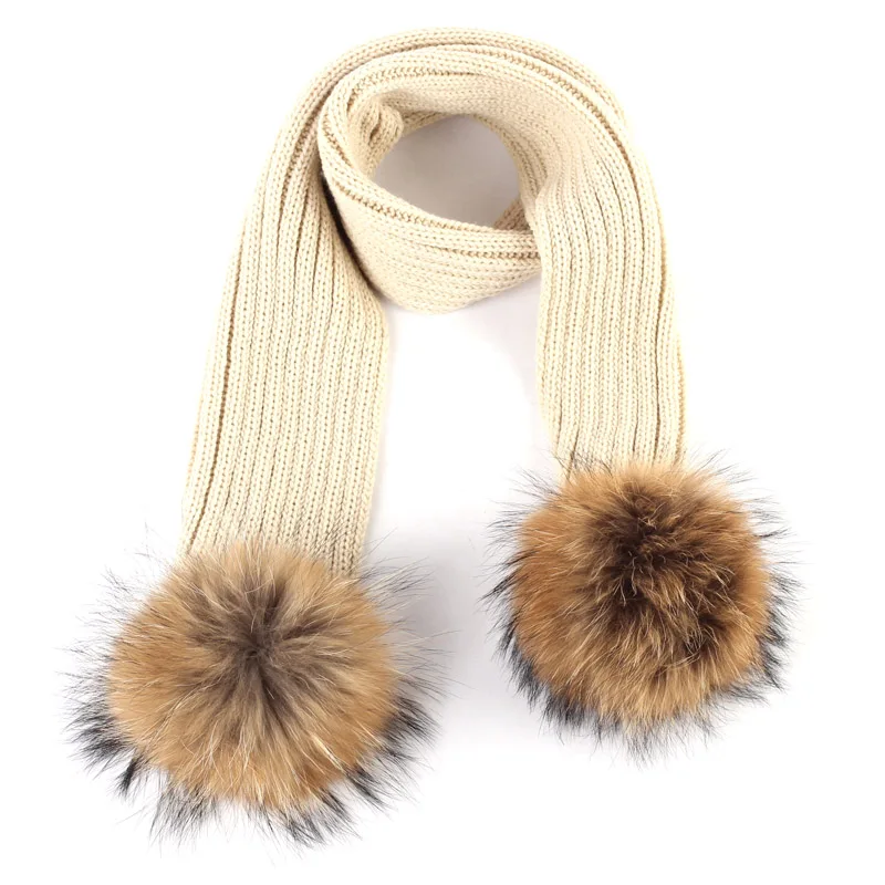 Beige A Geebro Kids Knitted Scarf With Double Raccoon Fur Pompom Boys and Girls Cashmere Plain Shawl Wrap Winter Warm Accessories DQ867 - Цвет: Beige A