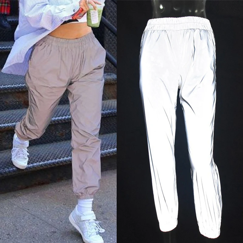 

Women Flash Reflective Jogger Pants Ladies Autumn Casual Gray Solid Streetwear Trousers Girls Fashion Special Pants