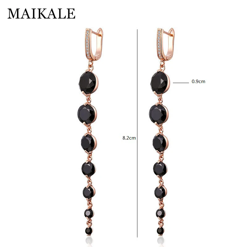 MAIKALE, новинка, модные, круглые, CZ циркониевые, длинные серьги для женщин, розовое золото, хорошее ювелирное изделие, кисточка, черные, серебряные, висячие серьги в подарок
