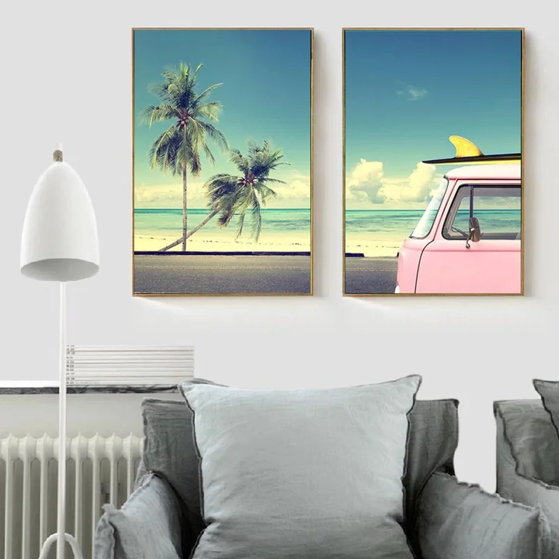 

Coconut Tree Sea Nordic Posters and Prints Pink Bus Landscape Canvas Painting Modular Wall Art Pictures Modern Home Decoration