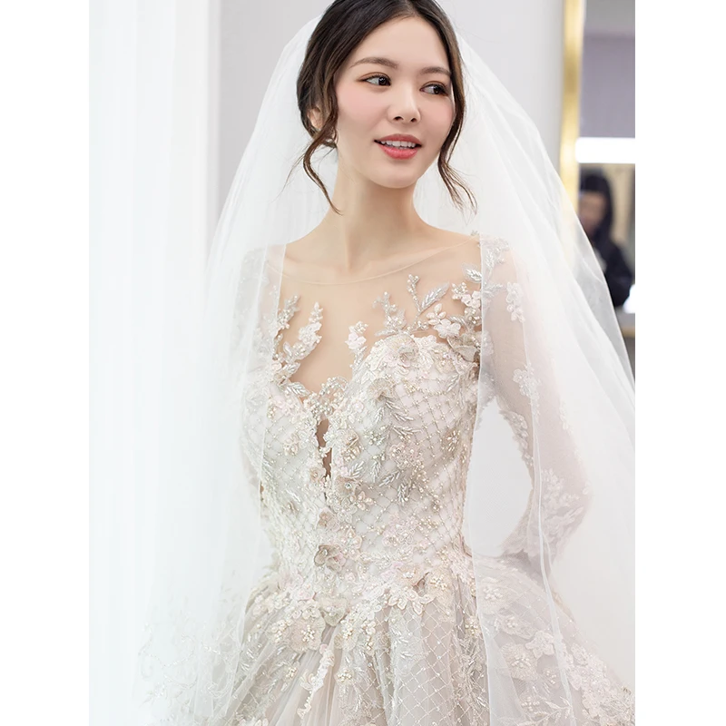 SSYFashion Новое роскошное свадебное платье 3/4 рукав Совок со шлейфом Кружева
