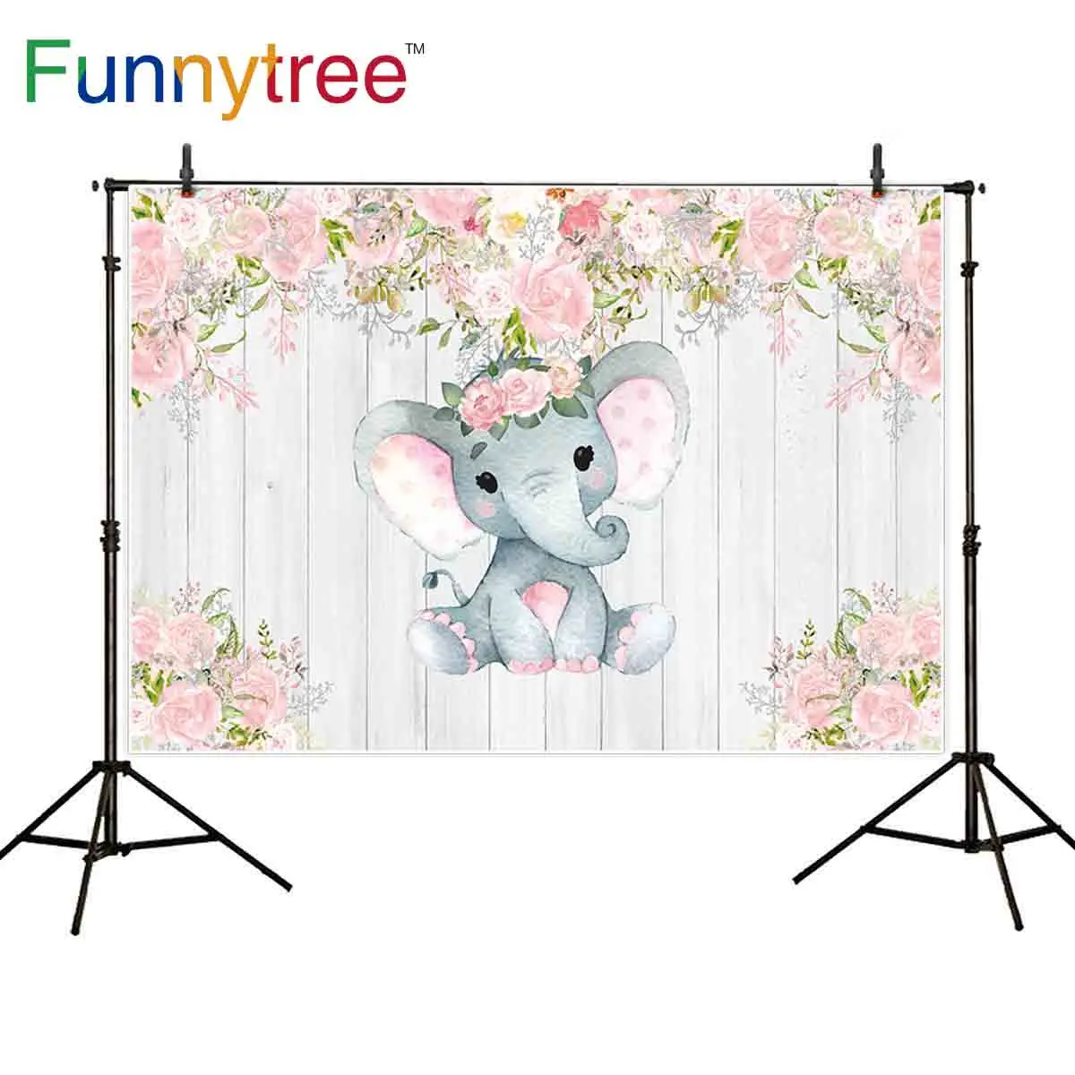 

Фотофон Funnytree для фотостудии с изображением слоненка и цветов белого дерева для фотосессии на день рождения