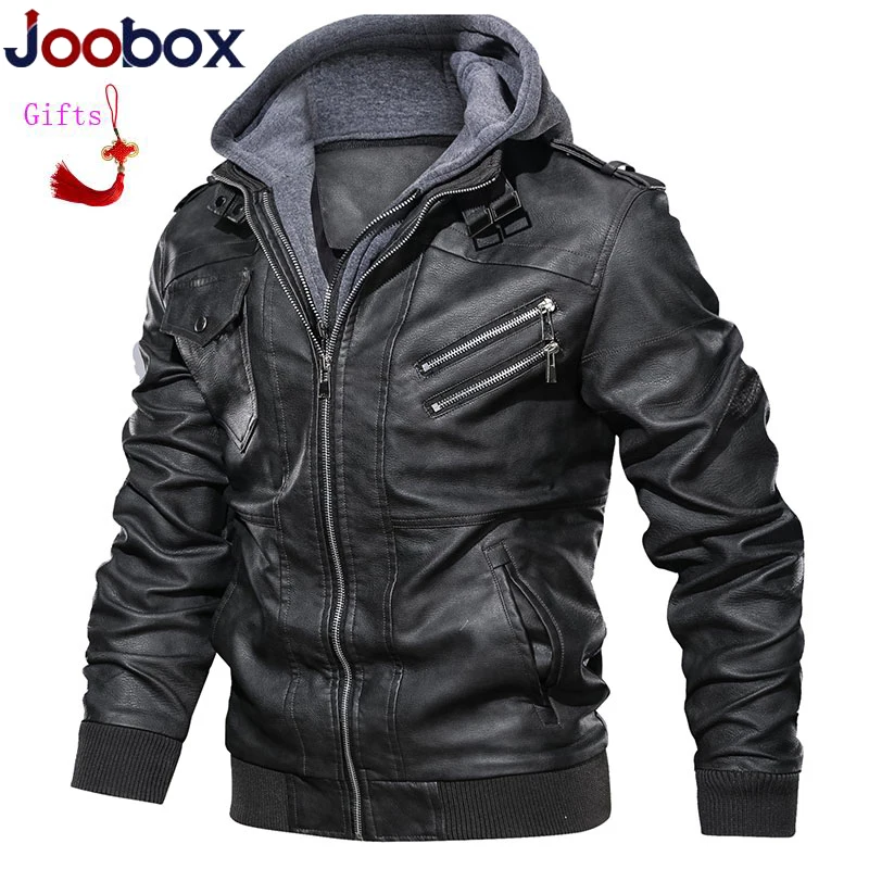 JOOBOX US size 2019 Men's Leather Jacket Casual Motorcycle Removable Hood Pu Jackets Male Oblique Zipper jaqueta couro | Мужская