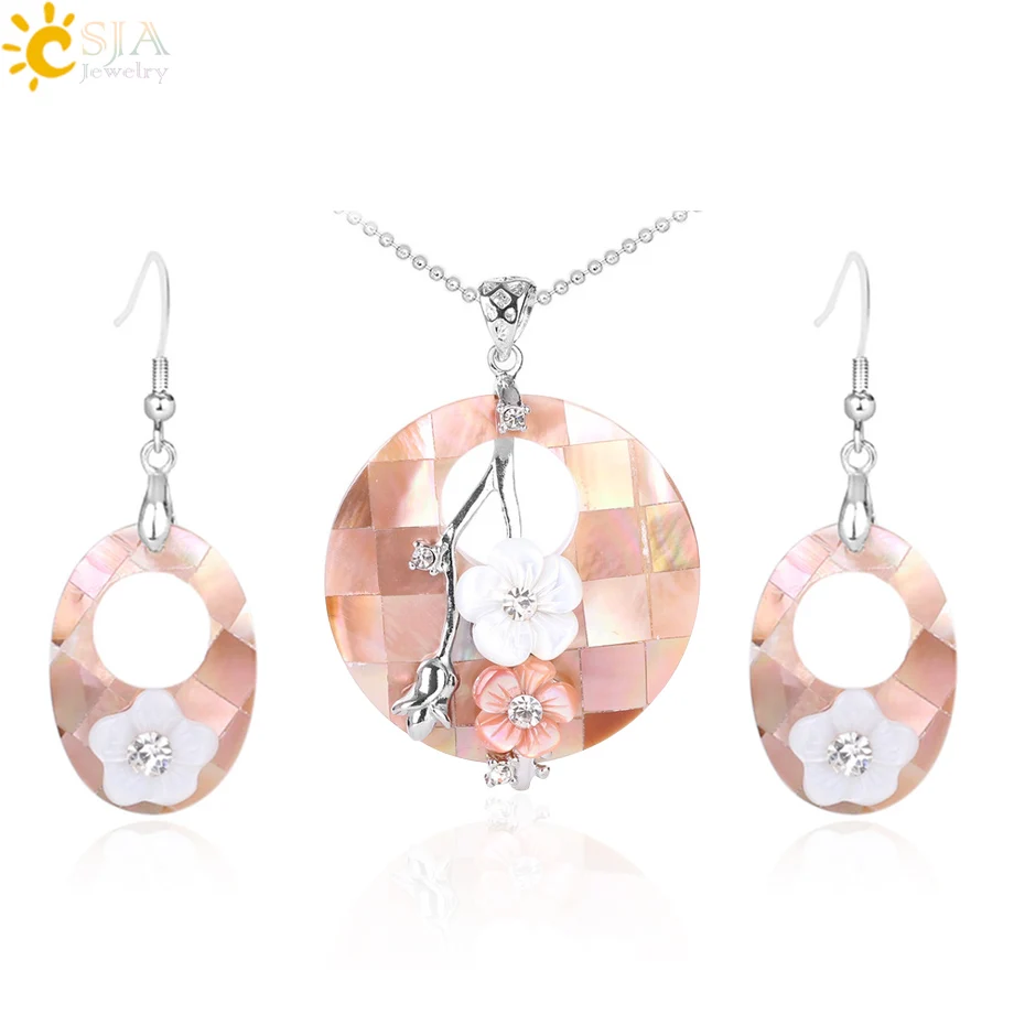 CSJA-collar con colgante de concha de perla Natural para mujer, conjunto de joyas, conchas de abulón rosa, flores, pendientes de gota, joyería F617