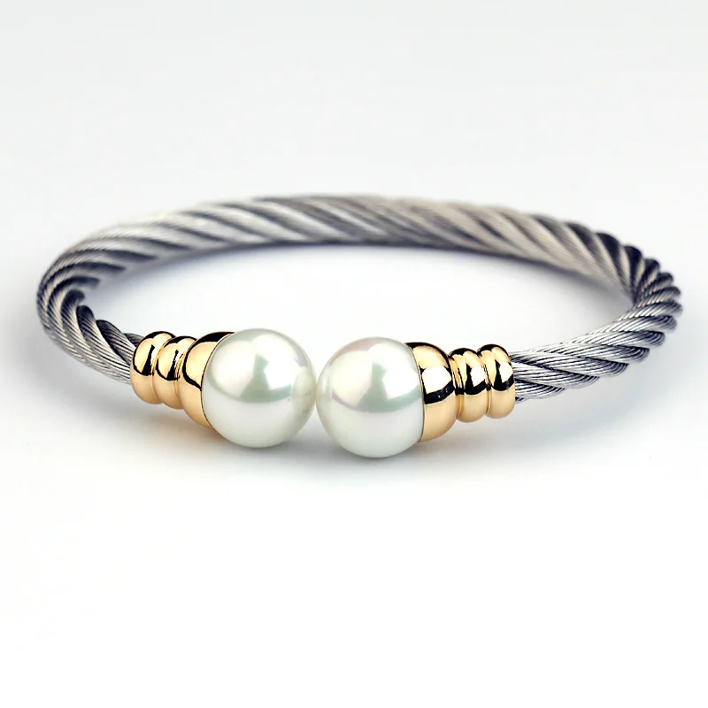 CHRAN Classic Stainless Steel Twisted Cable Bracelets &amp Bangles for Women Fashion Imitation Pearl Costume Brand Jewelry | Украшения и
