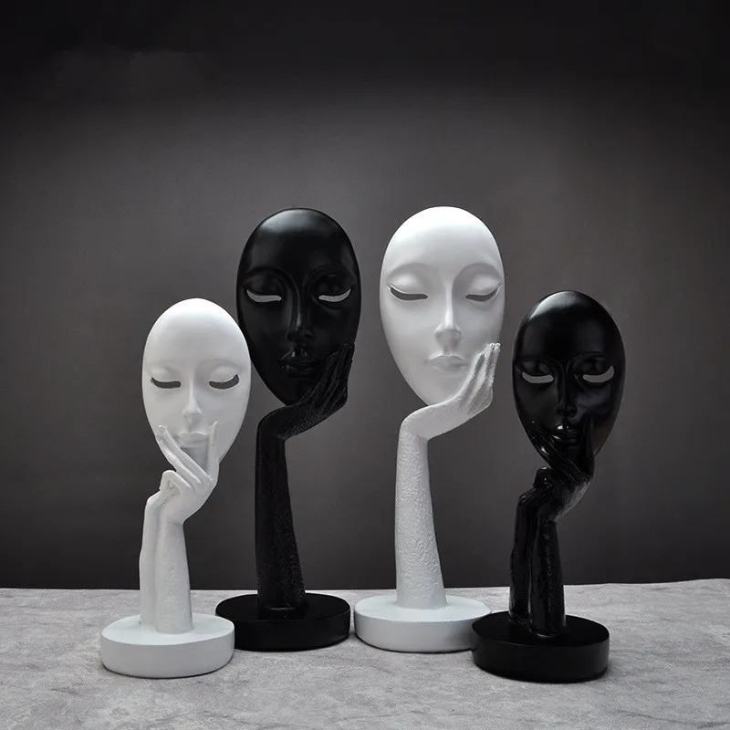 

Black White Face Figurines Thinker Statues Portrait Mask Art Sculpture Resin Crafts Home Decoration Accessories R97