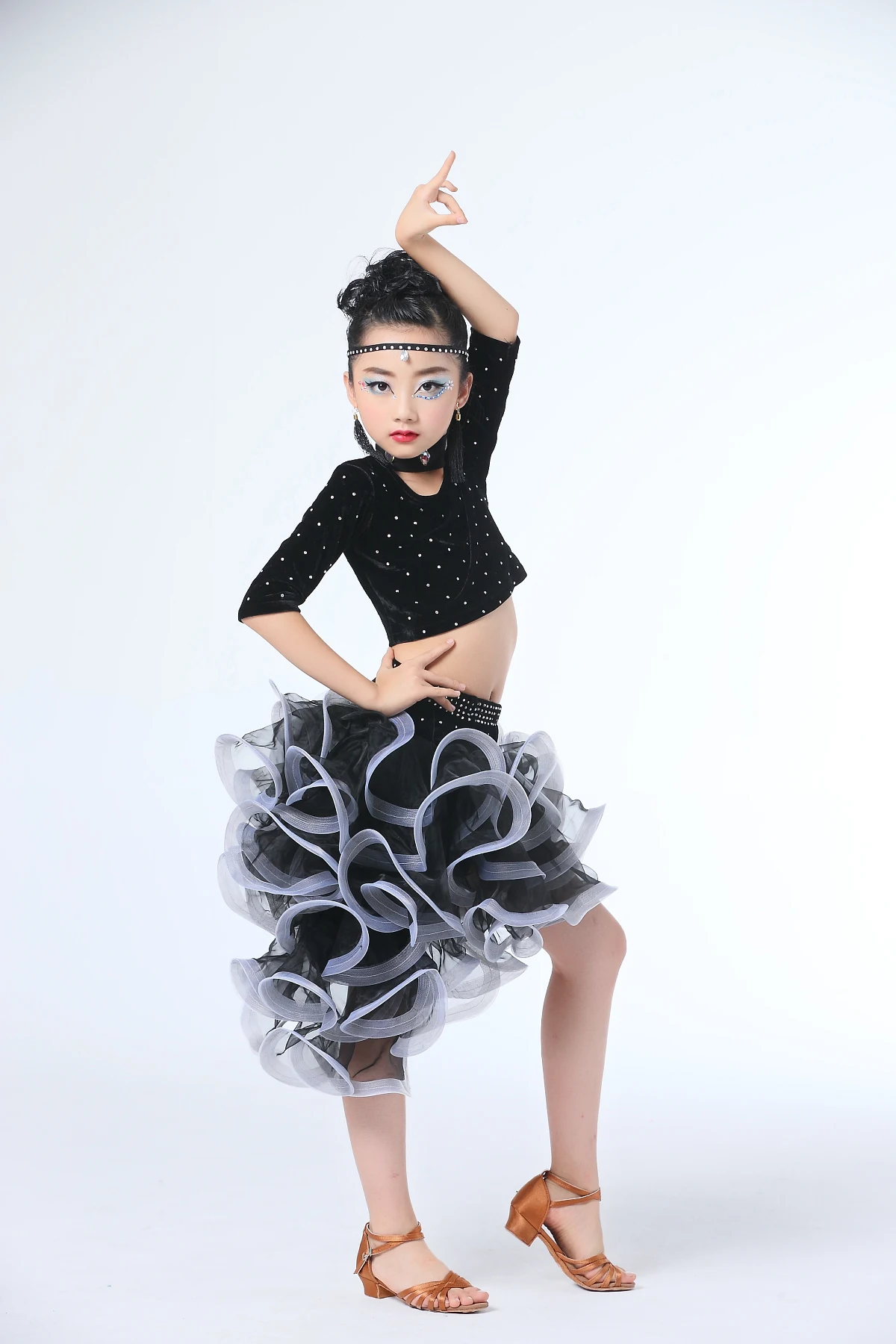 Топ + юбка серьги головной убор детское платье для латиноамериканских танцев