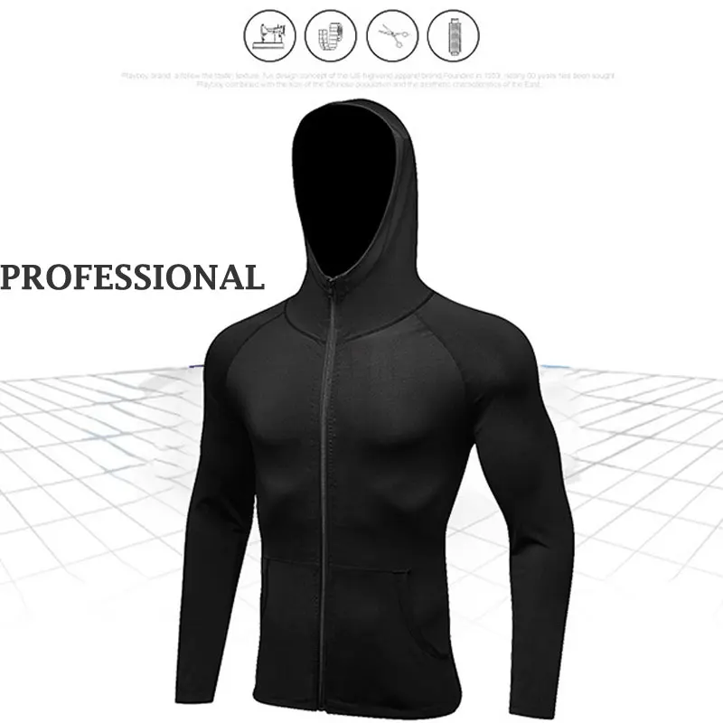 2018 Coolest Hooded Compression Sports Jacket Men Shirt Zipper Gym Clothing Rashgard Sportswear Fitness Black Running T-shirt
