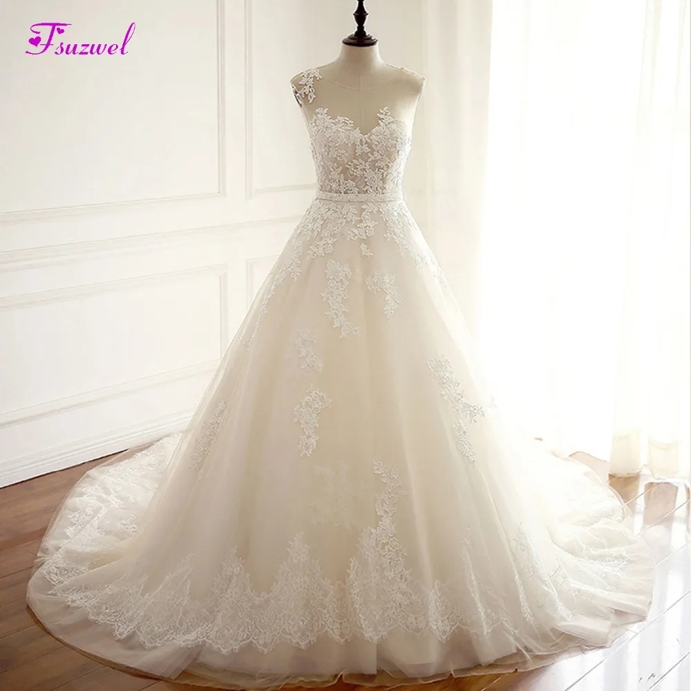 Fsuzwel Robe De Mariage свадебное платье трапециевидной формы с О-образным вырезом и поясом, очаровательное кружевное платье принцессы со шлейфом и аппликацией