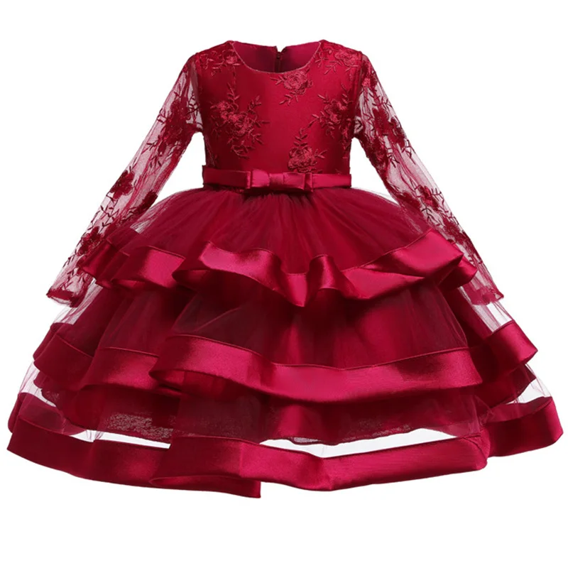 wine red Высококачественное Кружевное платье-пачка принцессы с блестками и большим бантом для девочек, г., Летнее нарядное платье на свадьбу для девочек от 3 до 12 лет - Цвет: wine red