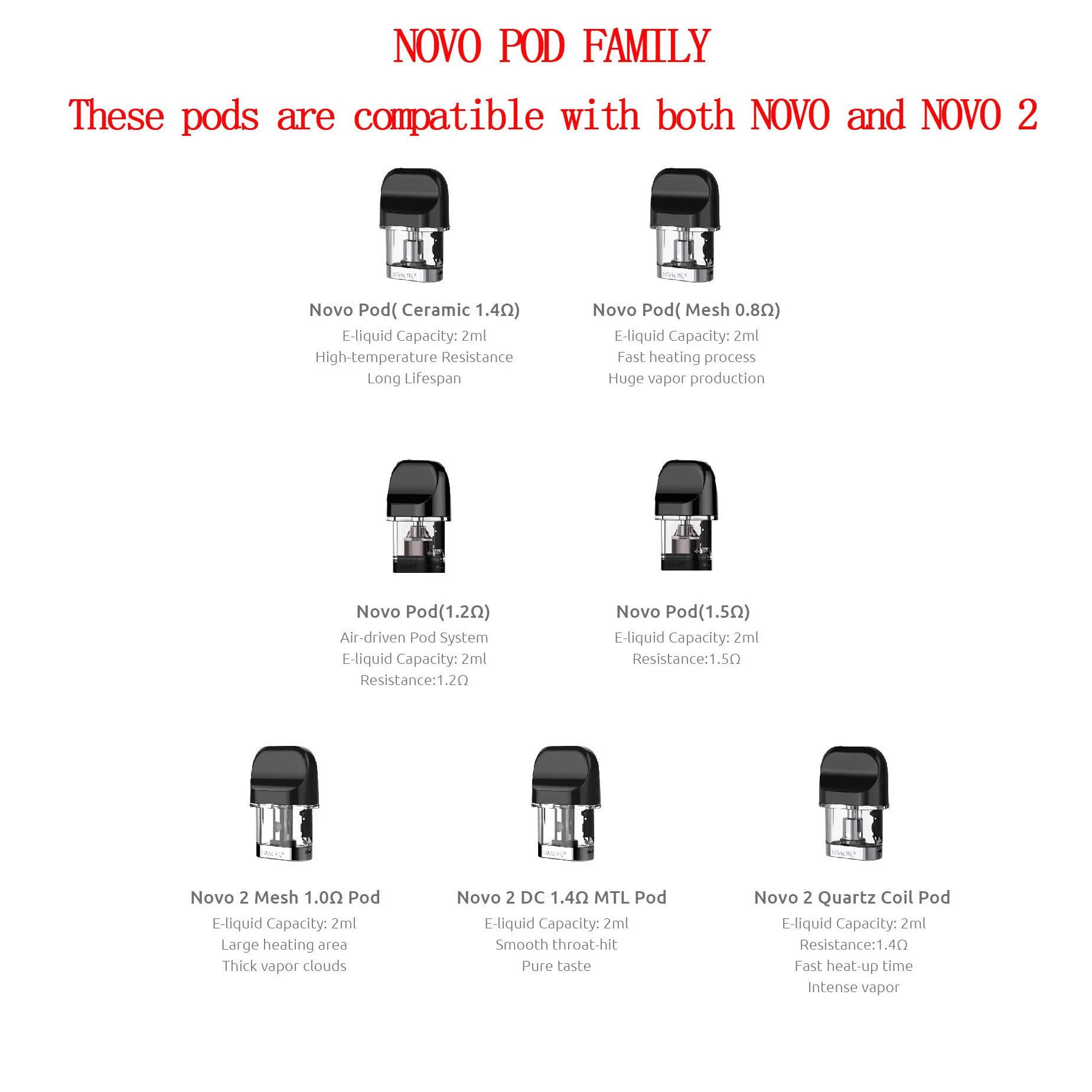 3 шт./лот SMOK Novo pods керамический/сетчатый/MTL/кварцевый Pod 0 8/1/1.2/1.4/1.5ohm 2 мл бак для