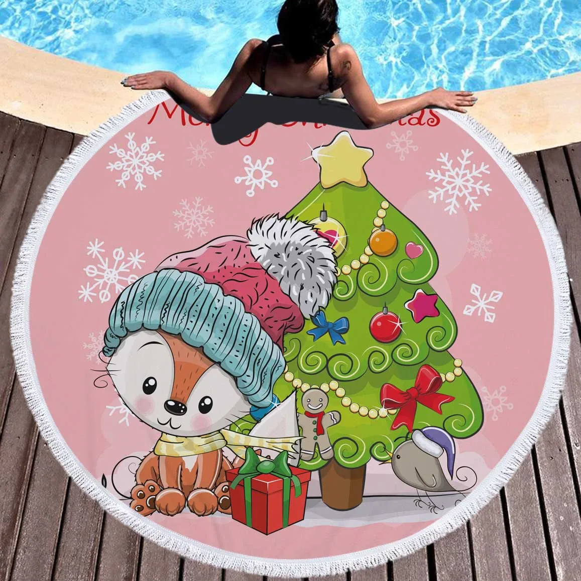 Round Christmas Snowman Cartoon Bath Towel Santa Elk Summer Beach Picnic Yoga Mat Floral Polyester Circle Sunbath Blanket | Дом и сад