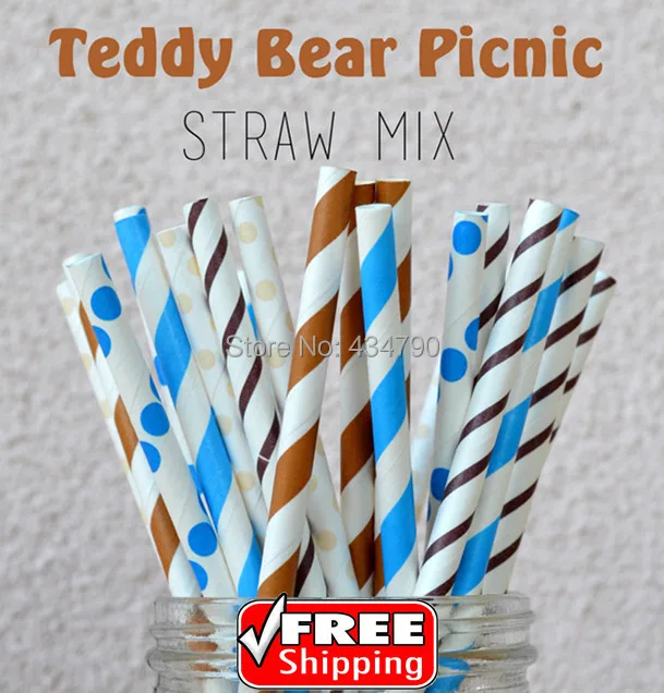 

200pcs Mixed 4 Designs Toy Bear Picnic Themed Paper Straws Mix - Cheap Blue and Brown Stripe, Polka Dot Party Drinking Straws