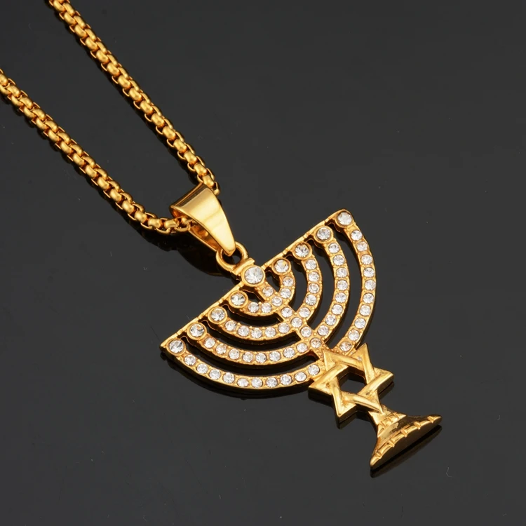 

Israel Menorah Happy Hanukkah Necklaces Gold Color Jewelry Star Of David Israelites Candler Symbol Hexagram National Pendants
