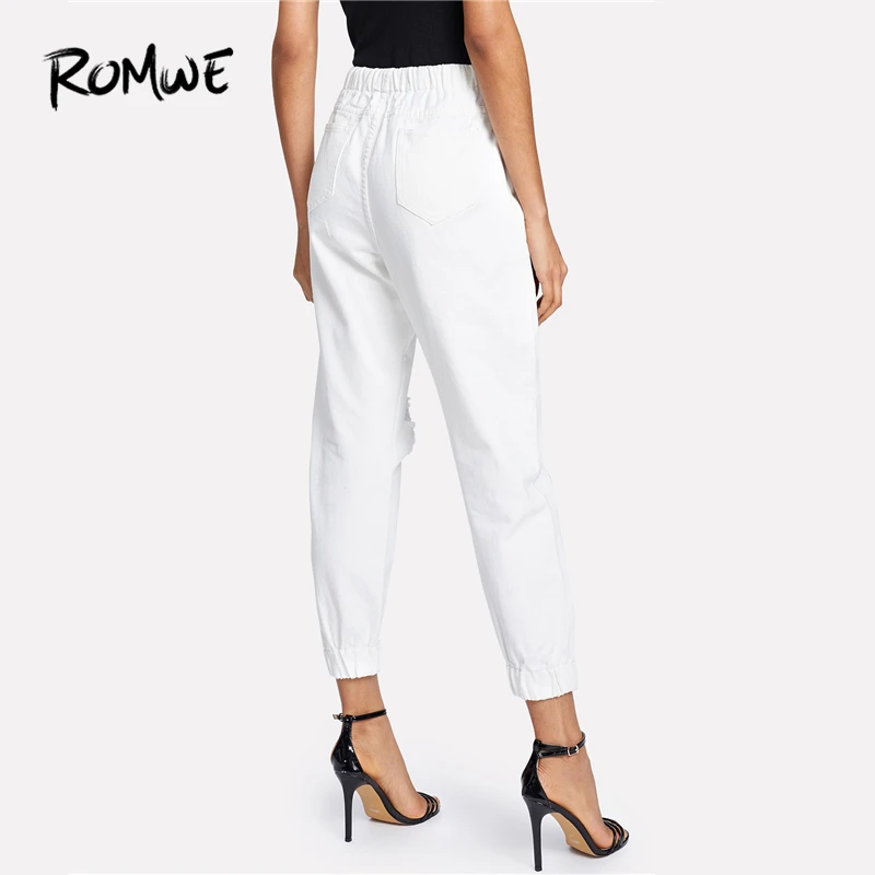 ROMWE Ribbon Letter Ripped Drawstring Denim Jeans Summer Autumn Women Beige Mid Waist Regular Female Casual Long Pants