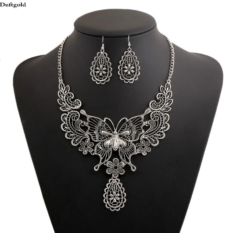 Vintage Antique Gold Butterfly Pendant Necklace Earring Jewelry Sets For Women Statement Choker Duftgold | Украшения и аксессуары
