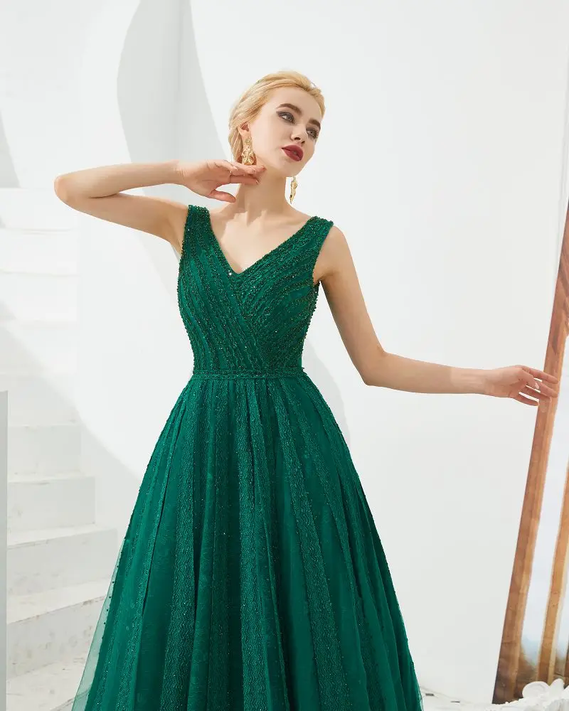 Женское вечернее платье до пола Beauty Emily Зеленое Длинное без рукавов с V-образным