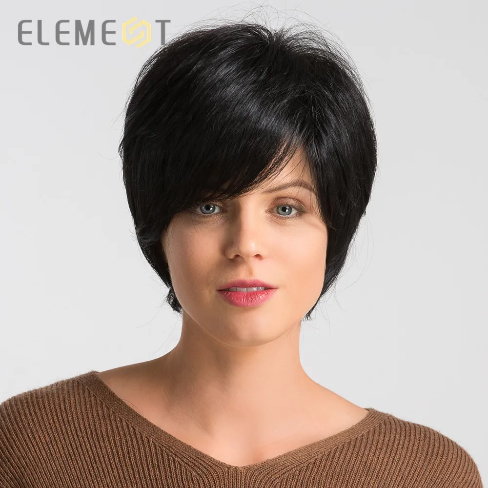 ELEMENT " короткий синтетический парик натуральный черный цвет смесь 50% человеческих волос левая сторона пробор Glueless Pixie Cut парики для женщин