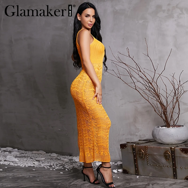 Женское облегающее платье Glamaker желтое винтажное с треугольным вырезом|Женские