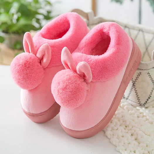 Pink Милые Спальня Flatforms мех мягкий зима Нечеткие Для женщин Дом пушистые забавные плюшевые тапочки кролик Pom широкий покрой обувь дамы пушистый розовый - Цвет: Pink