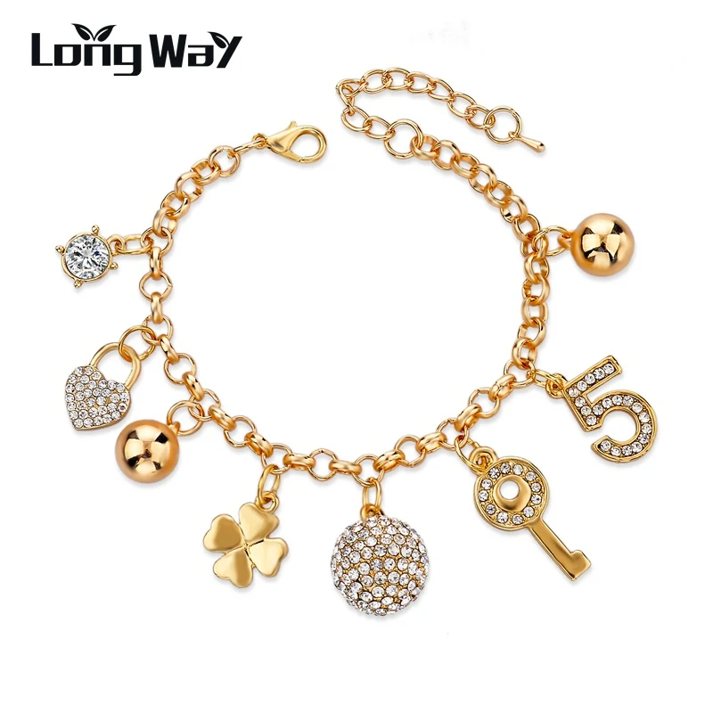 Женский браслет с шармом LongWay золотого цвета кристаллами и шариками SBR150175|bracelets