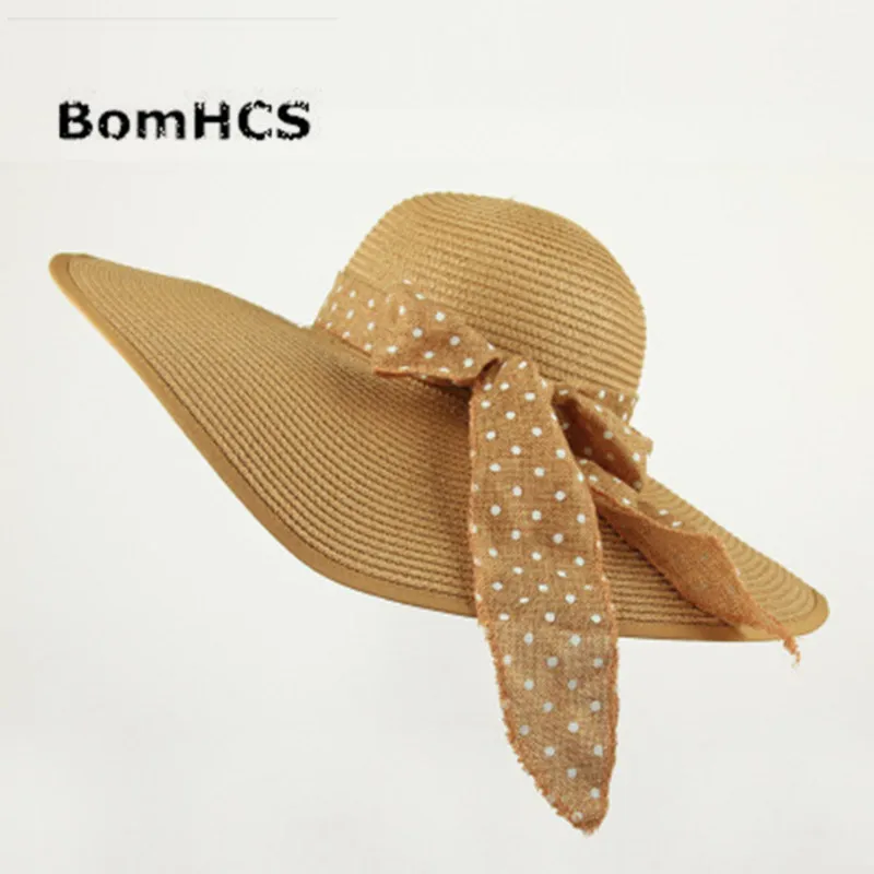 

BomHCS Holiday Summer Women Beach Straw Hat Wide Brim Sun Hats Caps with Wave Ribbon Bow 17F-314MZ7