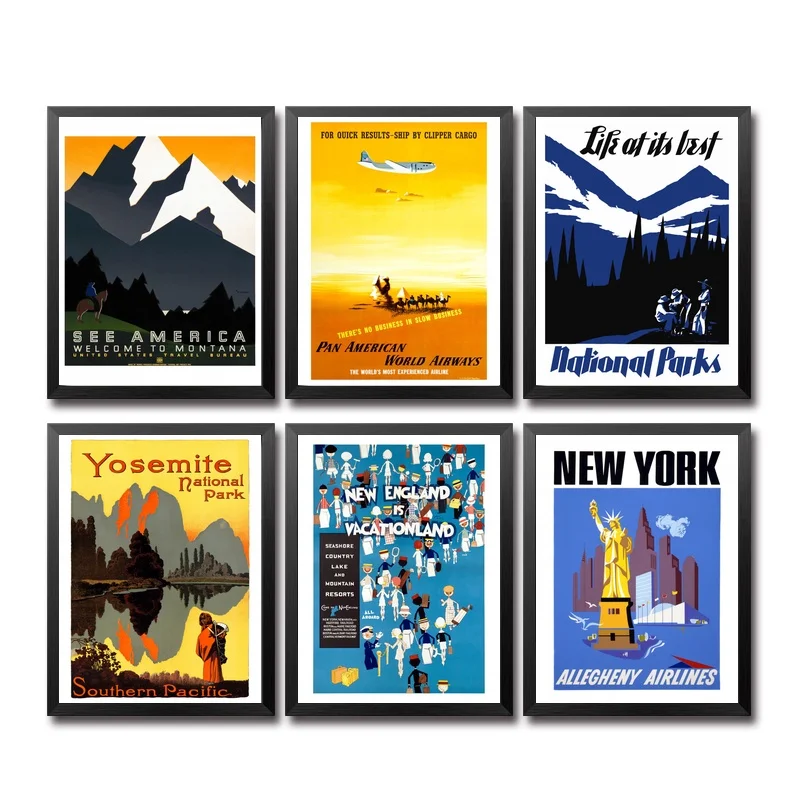 Винтажный постер для путешествий США United Stats American Park Yosemite Airlines Vacationlans