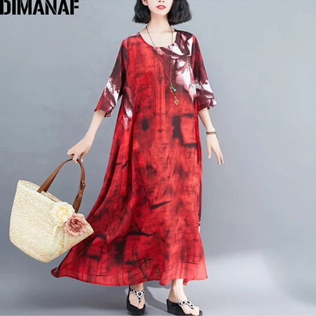 Jing95085CN-hong DIMANAF, женское платье большого размера, винтажное, большой размер, хлопок, женское, Vestidos, ТРАПЕЦИЕВИДНОЕ, летнее, сарафан, свободный, с принтом, для девушек, элегантное, длинное платье - Цвет: Jing95085CN-hong