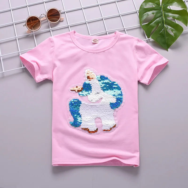Horse (Pink) Футболка с блестками для маленьких девочек г. Летние топы, Детская футболка для девочек, одежда Топ для девочек-подростков, детские футболки разных цветов - Цвет: Horse (Pink)