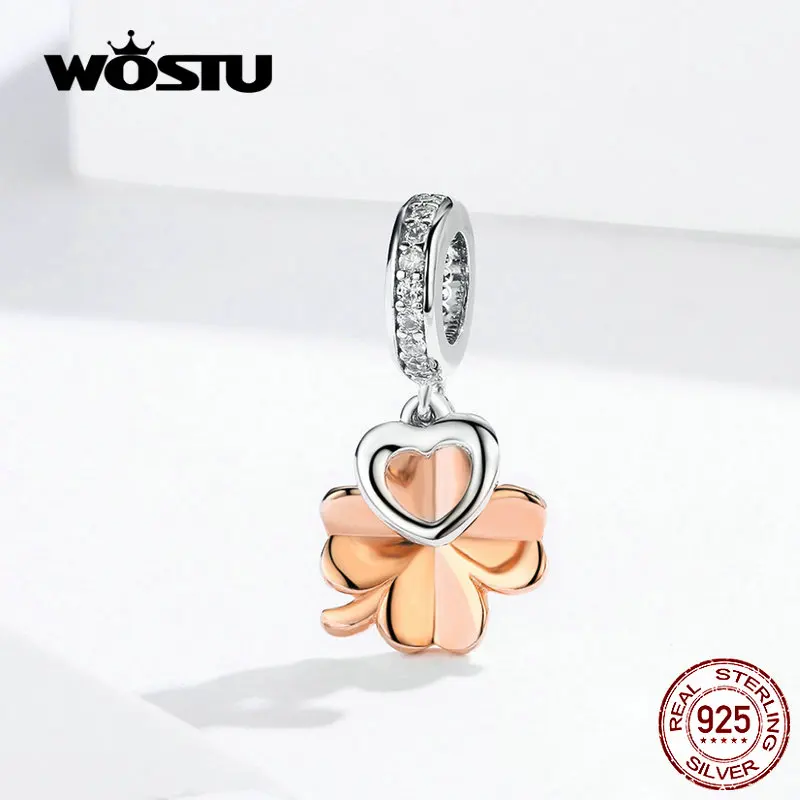 WOSTU розовое золото четыре листа сердце болтается шарм Стерлинговое Серебро 925