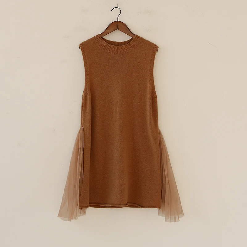 Зимы женщин Твердые Рукавов О-Образным Вырезом Вязание Танк Сетки Mini Dress | Женская