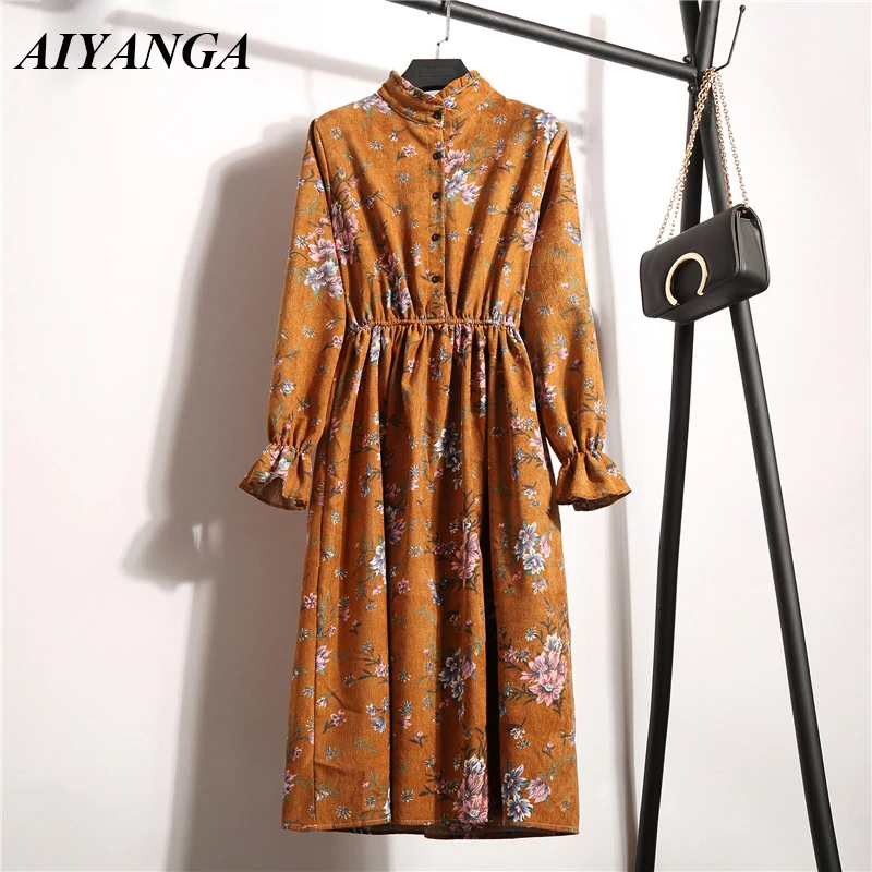 Женское вельветовое платье с высокой талией винтажное платье-трапеция цветочным