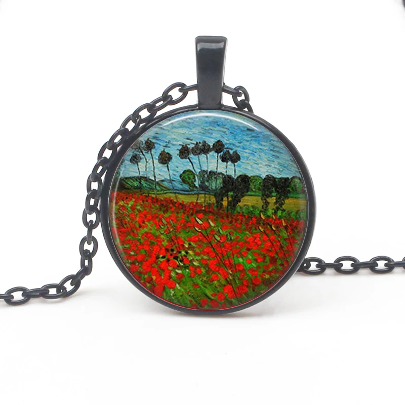 Модное ожерелье с кулоном в ретро стиле изображением макового поля Ван Гога
