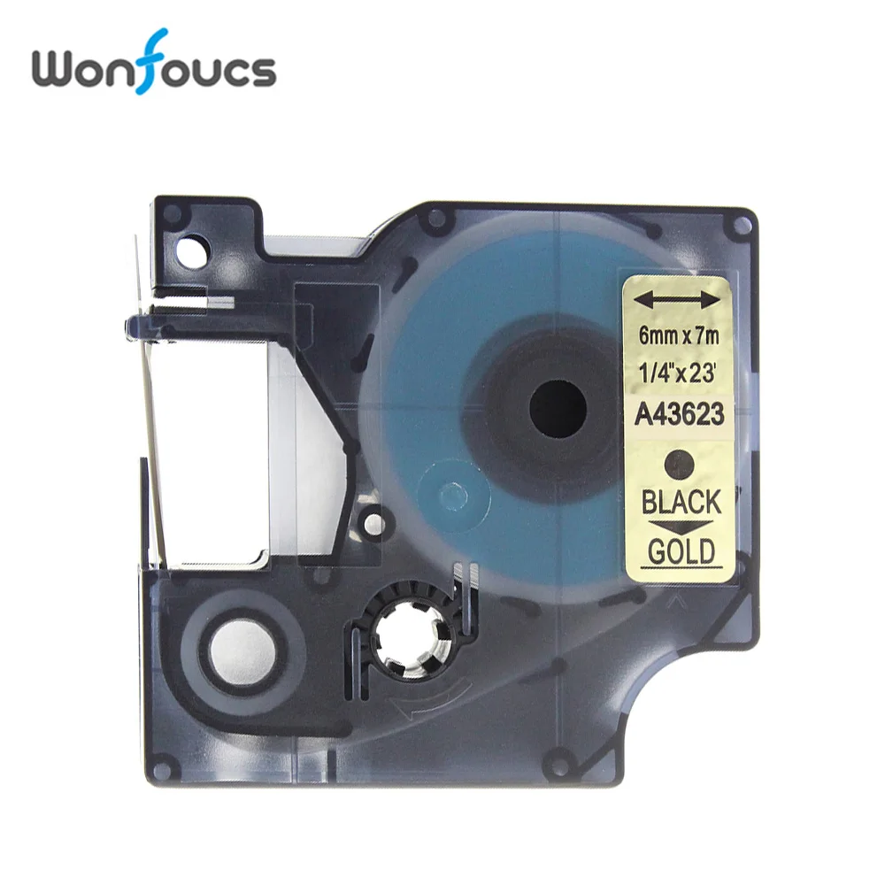 Wonfoucs 2 шт совместимый с DYMO D1 лейбл лент 6 мм 43623 черный на золотой ленте для мейкера