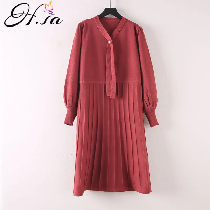 HF18211 red HSA зимнее модное женское платье, вязанный плиссированный свитер, платья, длина до колена, Осенние вечерние длинные пуловеры и джемперы, зимняя одежда - Цвет: HF18211 red