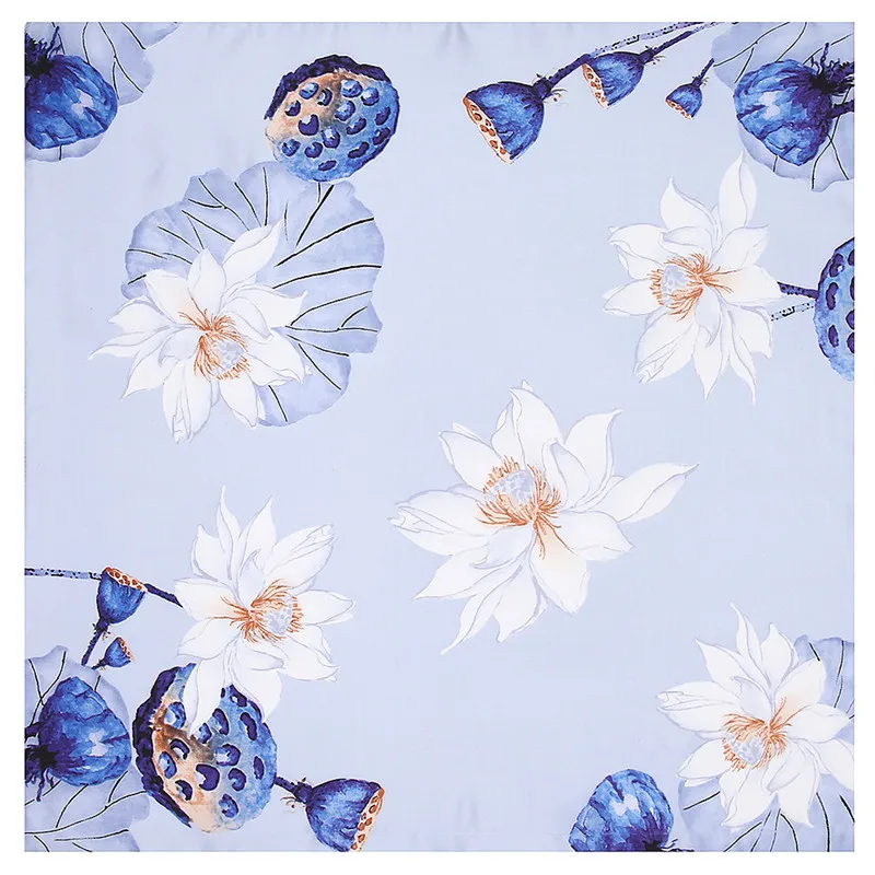 

POBING 100% Silk Scarf Woman Lotus Floral Print Square Scarves Luxury Bandanas Small Hijab Foulards Lady Tie Headband 53x53CM