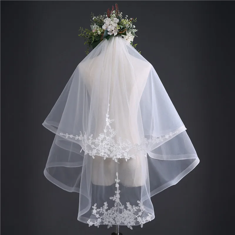 

Hot Sale 0.9 Meters Length Cheap Bridal Veils Two-Layer White Ivory Wedding Veil with Lace Beads Edge and Comb Veils