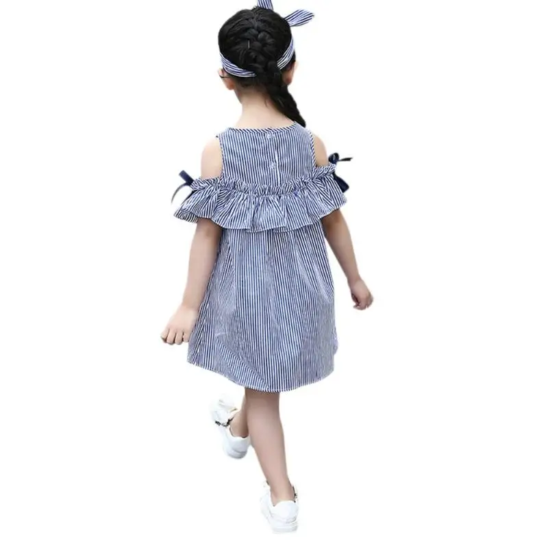 Baby Girls Dress Korean Style Cold Shoulders Tie Ruffles Princess Tutu Stripes Girl Clothes Shoulder | Детская одежда и обувь