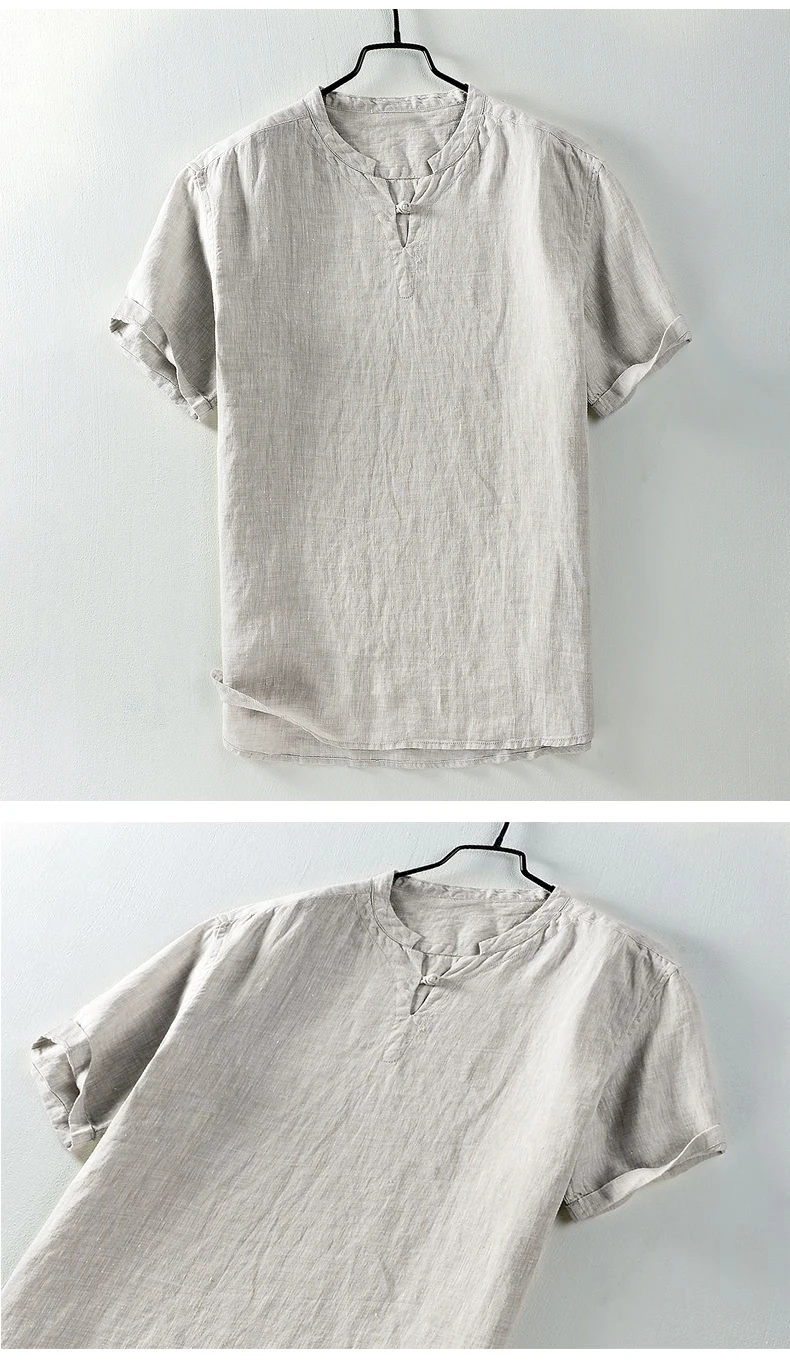 

Men Summer Linen T Shirt Men's Retro Frog Button O-Neck Linen Henley Shirts Short Sleeve