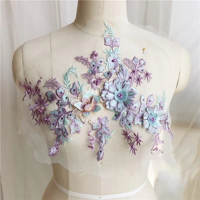 purple Новые 3D цветы нашивки для одежды вышитая бисером кружевная ткань аппликация свадебное платье Декор Цветочная нашивка на костюм - Цвет: purple