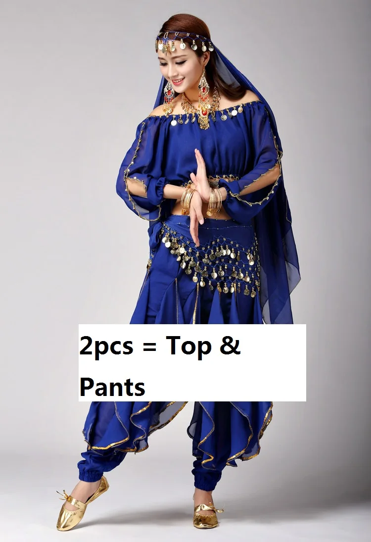 dblue2pcs Индийские платья костюмы-сари одежда в индийском стиле топ брюки танец живота одежда костюм набор для женщин бюстгальтер пояс Болливуд размера плюс - Цвет: dblue2pcs